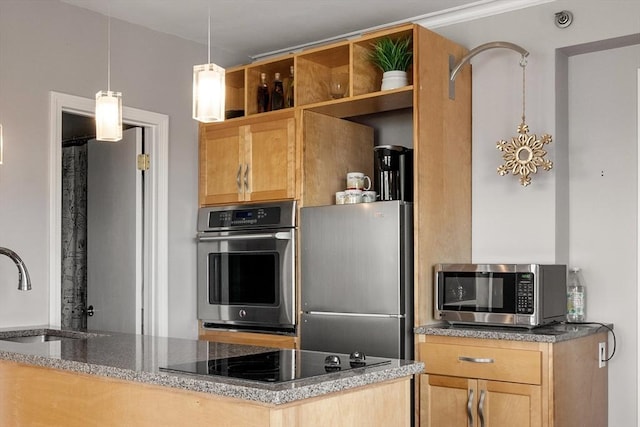 kitchen featuring a sink, dark stone counters, open shelves, stainless steel appliances, and pendant lighting