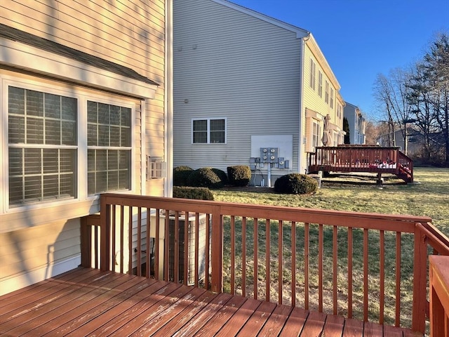 wooden deck featuring a lawn