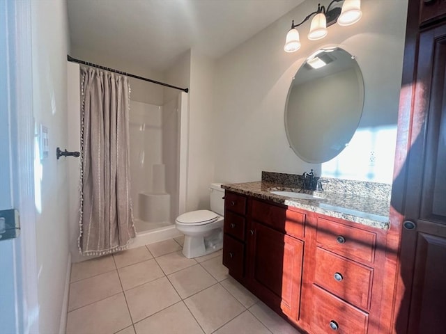 bathroom featuring vanity, tile patterned floors, toilet, and a shower with shower curtain