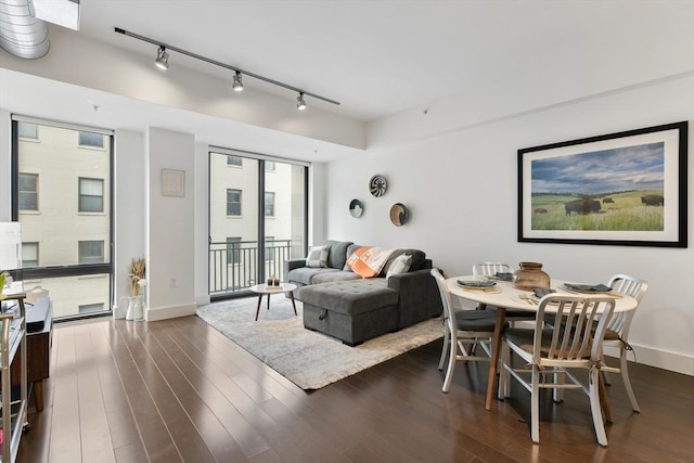 dining space with baseboards, dark wood-style flooring, rail lighting, and floor to ceiling windows
