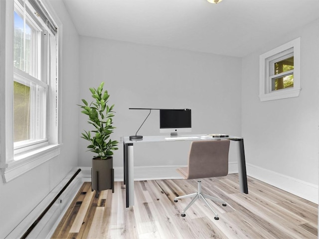 office featuring light hardwood / wood-style flooring and baseboard heating