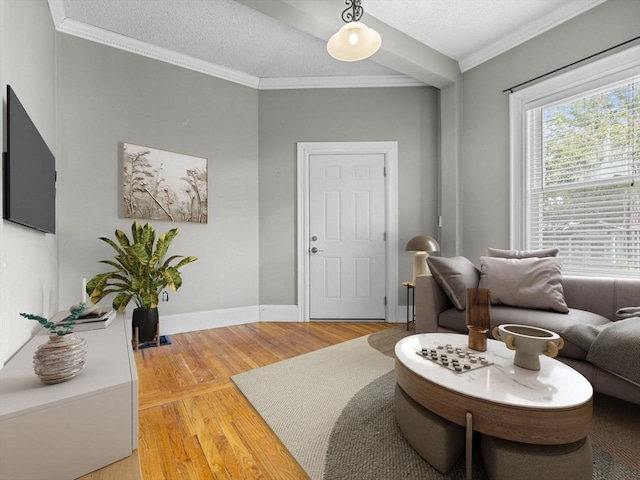 sitting room featuring wood-type flooring, a textured ceiling, and ornamental molding