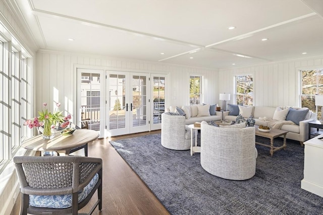 living room featuring french doors and dark hardwood / wood-style floors