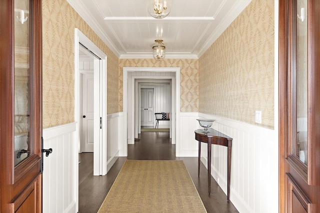 corridor featuring crown molding and dark wood-type flooring