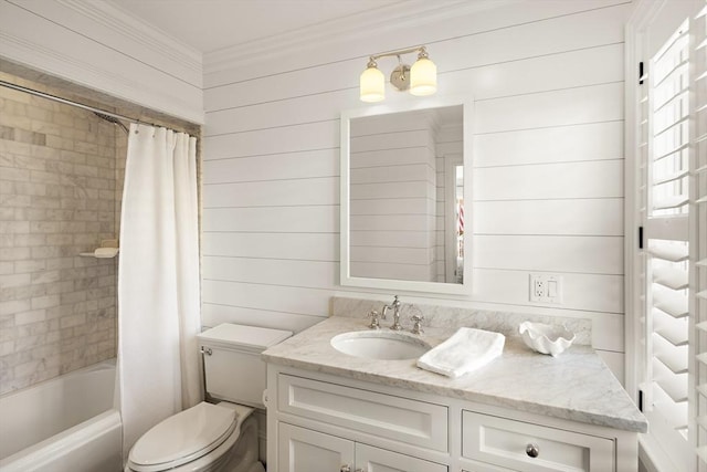 full bathroom featuring shower / bath combo, wood walls, toilet, vanity, and ornamental molding