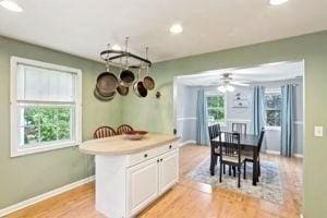 84 E Ave, Lowell, MA 01854 - dining area with baseboards, recessed lighting, a ceiling fan, and light wood-type flooring