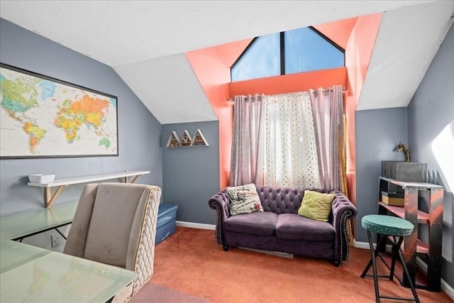 carpeted office space with lofted ceiling and baseboards