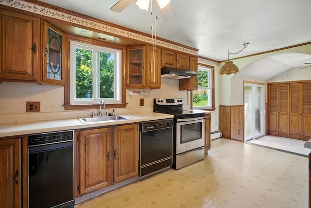 69 Michael St, Ludlow, MA 01056 - kitchen featuring black dishwasher, brown cabinetry, electric range, under cabinet range hood, and arched walkways