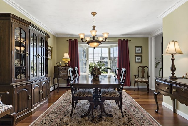 dining room featuring baseboard heating, baseboards, an inviting chandelier, and dark wood finished floors