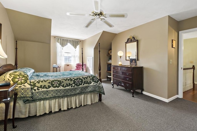 carpeted bedroom with a ceiling fan and baseboards