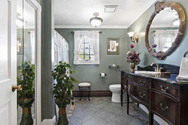 full bath featuring visible vents, baseboard heating, vanity, toilet, and ornamental molding