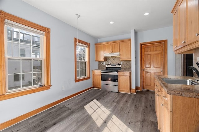 21 Alpine Unit 2Nd & 3Rd, Boston, MA 02119 - kitchen with electric range, under cabinet range hood, dark wood-style floors, tasteful backsplash, and recessed lighting