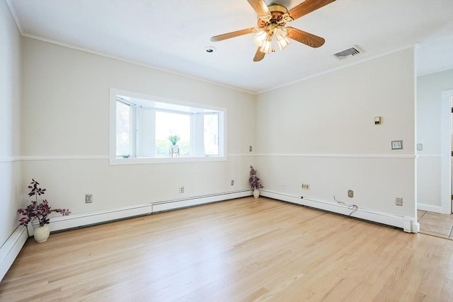3 Nira St, Malden, MA 02148 - spare room with ornamental molding, wood finished floors, a ceiling fan, and a baseboard radiator