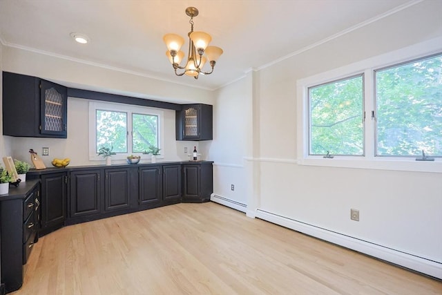 3 Nira St, Malden, MA 02148 - kitchen featuring a baseboard heating unit, a chandelier, light wood-type flooring, crown molding, and dark cabinets