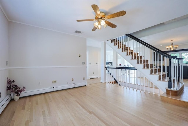 3 Nira St, Malden, MA 02148 - unfurnished living room featuring wood finished floors, a chandelier, stairway, a baseboard heating unit, and ceiling fan
