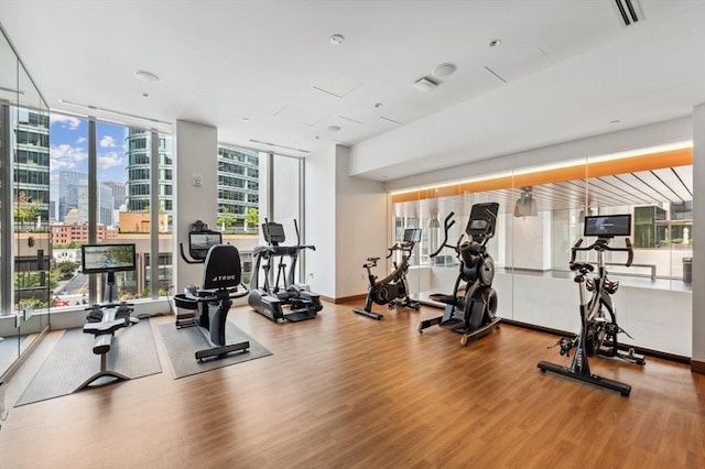 workout area with wood-type flooring