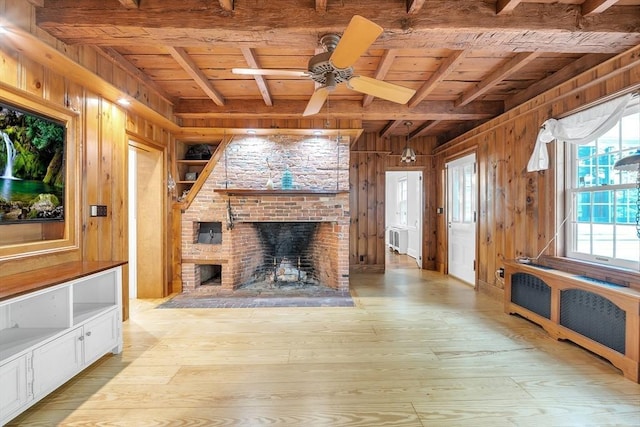 680 Old Connecticut Path, Framingham, MA 01701 - unfurnished living room featuring wooden ceiling, wood walls, beam ceiling, wood finished floors, and a ceiling fan