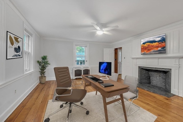 680 Old Connecticut Path, Framingham, MA 01701 - office space featuring light wood-style flooring, a fireplace, ornamental molding, ceiling fan, and radiator heating unit