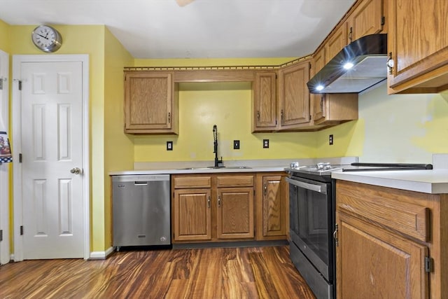 kitchen featuring dark hardwood / wood-style flooring, sink, exhaust hood, and appliances with stainless steel finishes