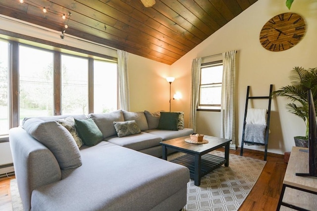 133 E Main St, Norton, MA 02766 - living room with healthy amount of natural light, vaulted ceiling, wood finished floors, wood ceiling, and track lighting