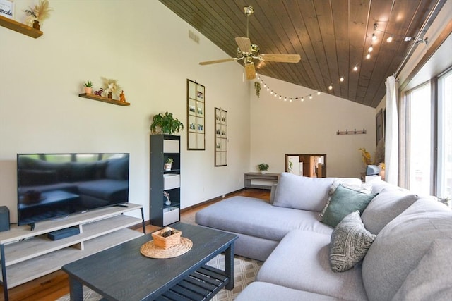 133 E Main St, Norton, MA 02766 - living room with wood ceiling, wood finished floors, a ceiling fan, baseboards, and high vaulted ceiling