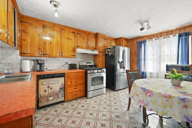 kitchen with appliances with stainless steel finishes, sink, and decorative backsplash