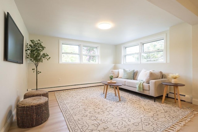 67 Paris Ave, Worcester, MA 01603 - living area featuring a baseboard radiator, light wood-style floors, and baseboards