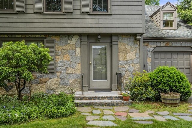 20 Johnson Rd, Andover, MA 01810 - property entrance featuring stone siding and roof with shingles