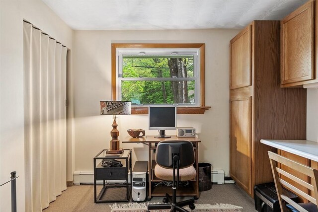 office with light carpet and baseboard heating