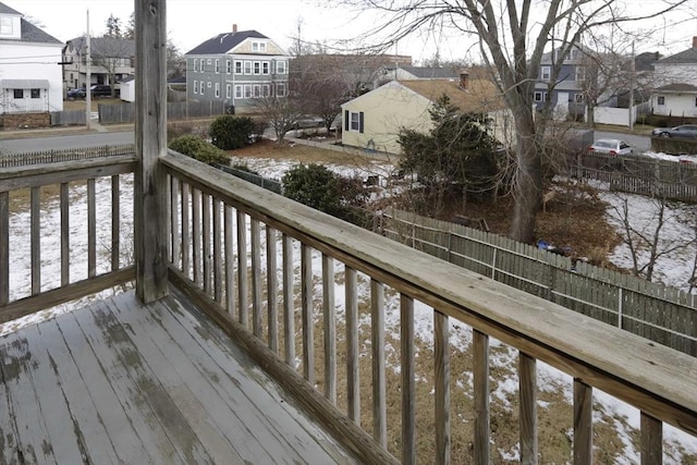 view of snow covered deck