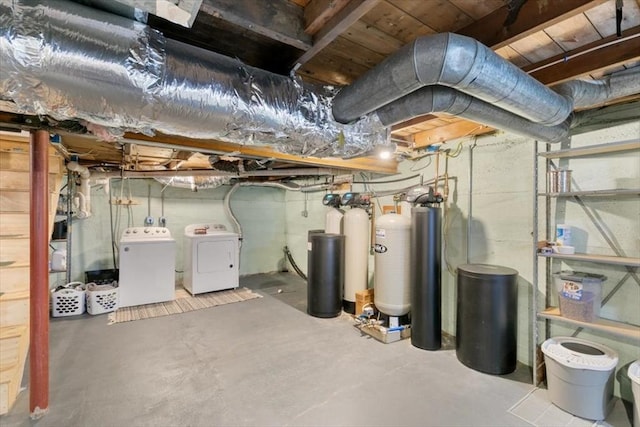 unfinished below grade area with separate washer and dryer and a water softener system