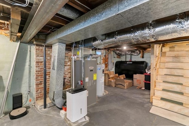 unfinished below grade area featuring heating fuel, water heater, stairway, and electric panel