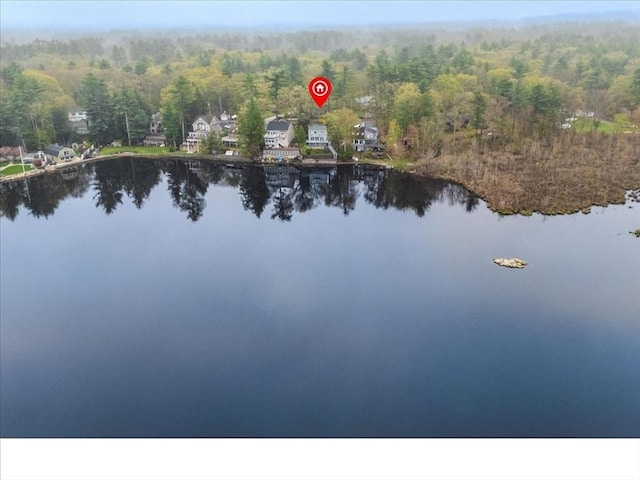 drone / aerial view of a heavily wooded area and a nearby body of water