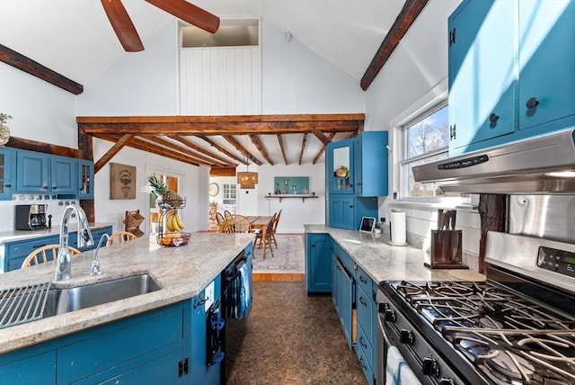 kitchen featuring under cabinet range hood, blue cabinetry, and stainless steel range with gas cooktop