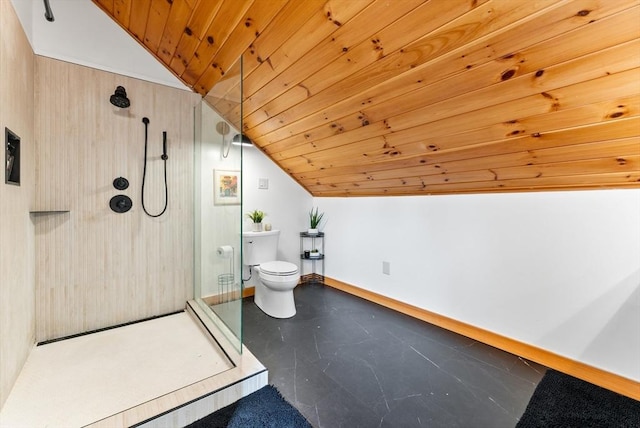 bathroom with baseboards, lofted ceiling, walk in shower, wooden ceiling, and toilet