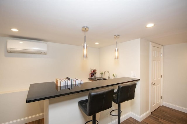 215 Alida Rd, Braintree, MA 02184 - bar area with a wall unit AC, dark wood-style floors, recessed lighting, and decorative light fixtures