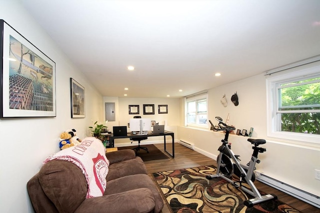 215 Alida Rd, Braintree, MA 02184 - living room featuring baseboard heating, wood finished floors, a desk, healthy amount of natural light, and recessed lighting
