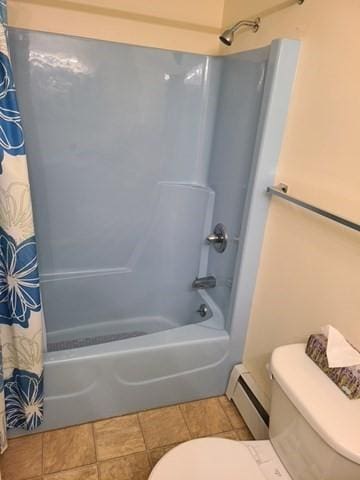 full bathroom featuring baseboard heating, toilet, and shower / bathtub combination with curtain