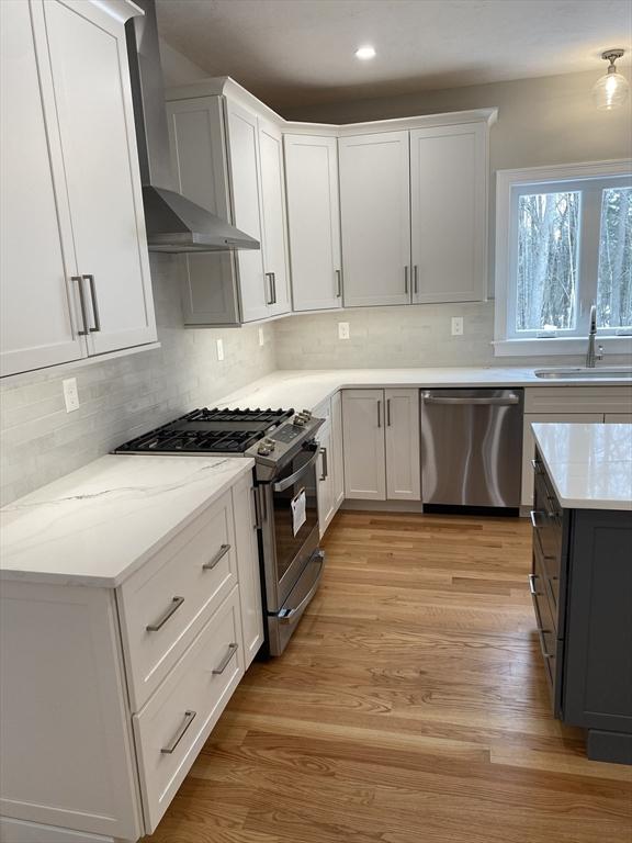 kitchen featuring white cabinets, wall chimney exhaust hood, appliances with stainless steel finishes, light wood-type flooring, and a sink