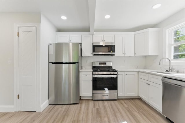 515 Front St, Weymouth, MA 02188 - kitchen featuring stainless steel appliances, white cabinets, light wood-style flooring, a sink, and recessed lighting