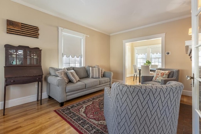 living room featuring crown molding and wood-type flooring