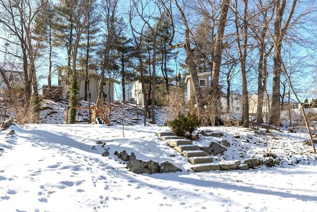 view of yard layered in snow