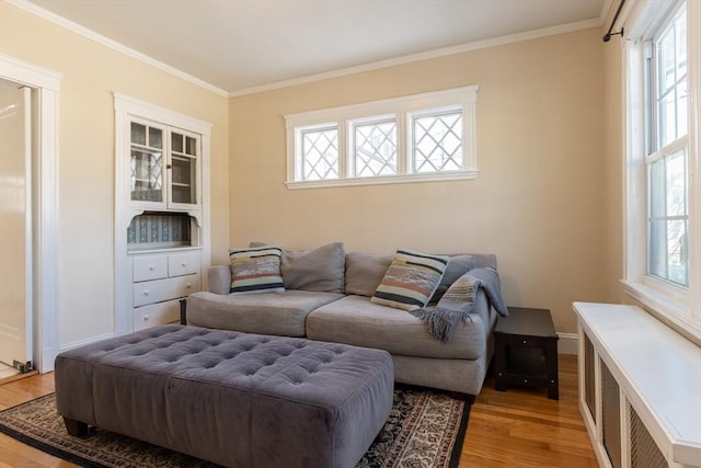 living room with hardwood / wood-style flooring and ornamental molding