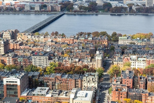 bird's eye view with a water view