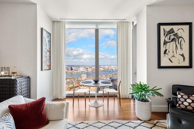 living area with a water view, hardwood / wood-style floors, and expansive windows