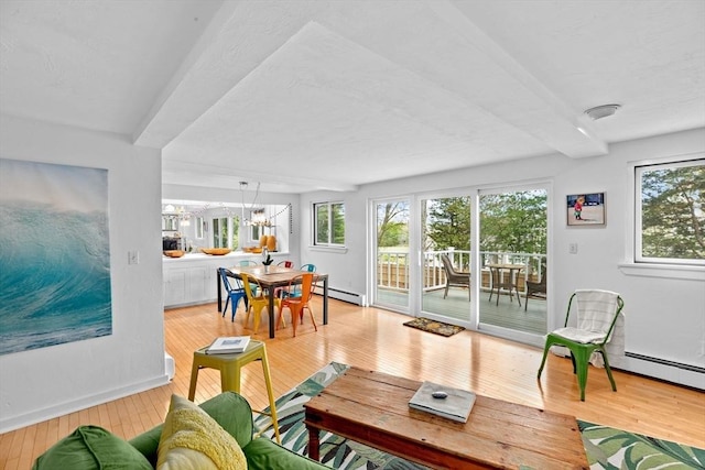 2 Cushing Lndg, Scituate, MA 02066 - living area featuring a baseboard radiator, a chandelier, wood-type flooring, beam ceiling, and baseboards