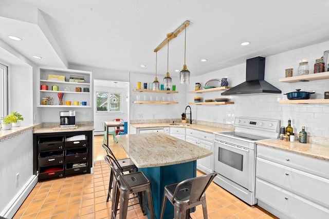 2 Cushing Lndg, Scituate, MA 02066 - kitchen featuring open shelves, wall chimney range hood, white range with electric cooktop, white cabinets, and decorative backsplash