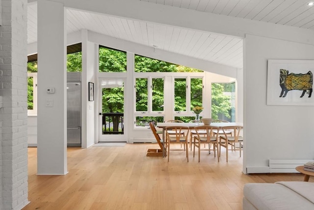 86 Myles Standish Rd, Weston, MA 02493 - dining room featuring wood ceiling, light wood-style floors, and baseboards