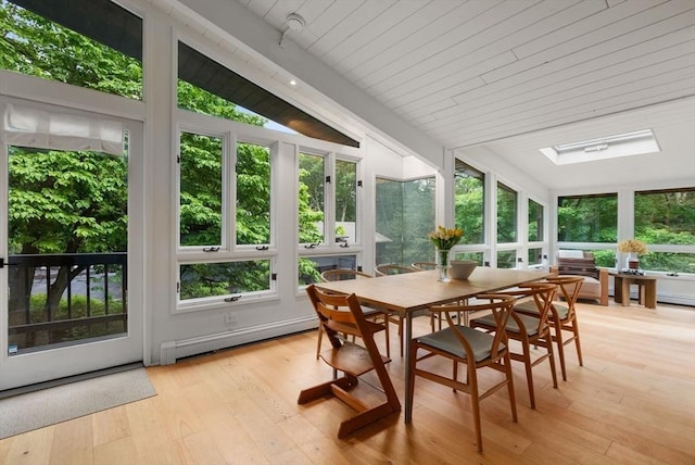 86 Myles Standish Rd, Weston, MA 02493 - sunroom featuring baseboard heating, plenty of natural light, wood-type flooring, and vaulted ceiling