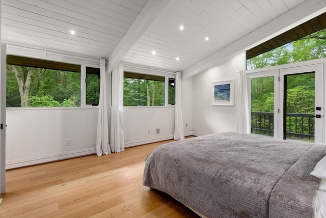 86 Myles Standish Rd, Weston, MA 02493 - bedroom with wood finished floors, wood ceiling, access to outside, baseboards, and recessed lighting